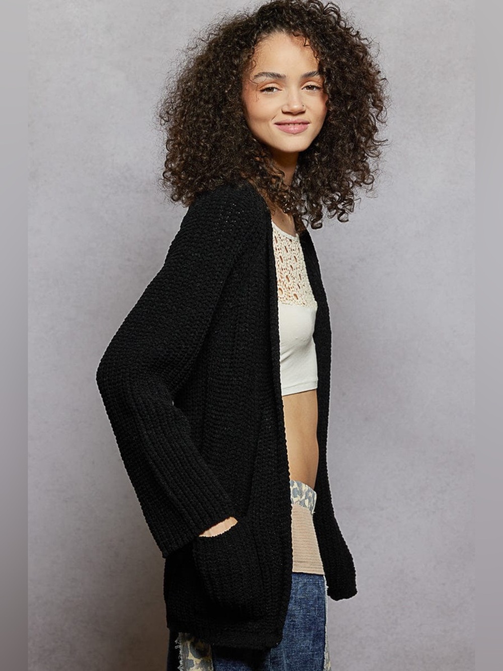 POL Chenille Slouchy Fit Open Front Cardigan With Pocket in Black